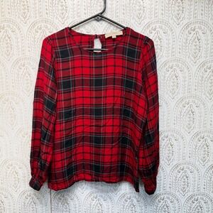 Loft Plaid Blouse Womens Medium Red Black Long Sleeve Keyhole Back‎ Rayon Top
